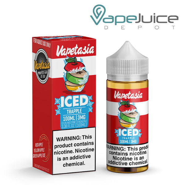 A box of Killer Fruits Trapple Iced Vapetasia Synthetic with a warning sign and a 100ml bottle next to it - Vape Juice Depot