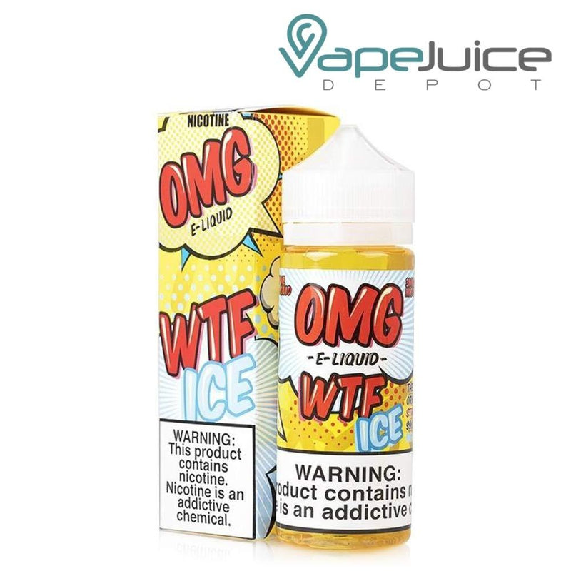 A box of WTF Ice Strawberry Sourbelt Menthol OMG eLiquid and a 120ml bottle with a warning sign next to it - Vape Juice Depot