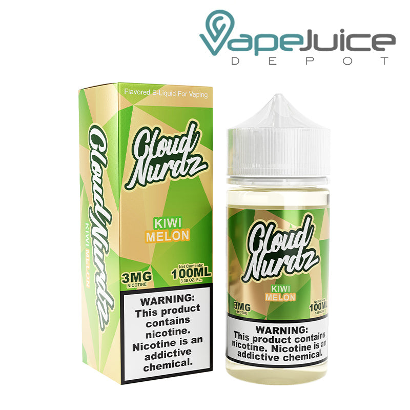 A box of Kiwi Melon Cloud Nurdz eLiquid with a warning sign and a 100ml bottle next to it - Vape Juice Depot