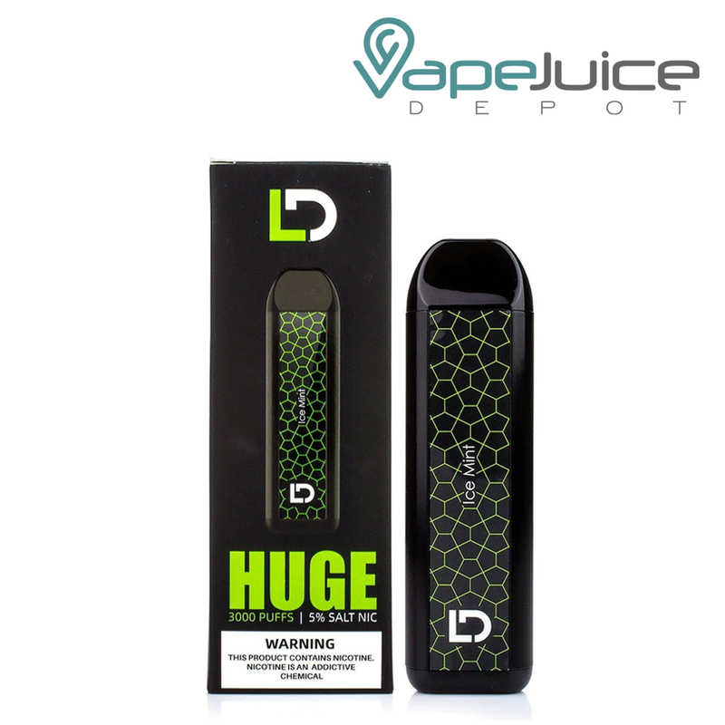 A box of Ice Mint LD HUGE Disposable vape with a warning sign and a disposable device next to it - Vape Juice Depot