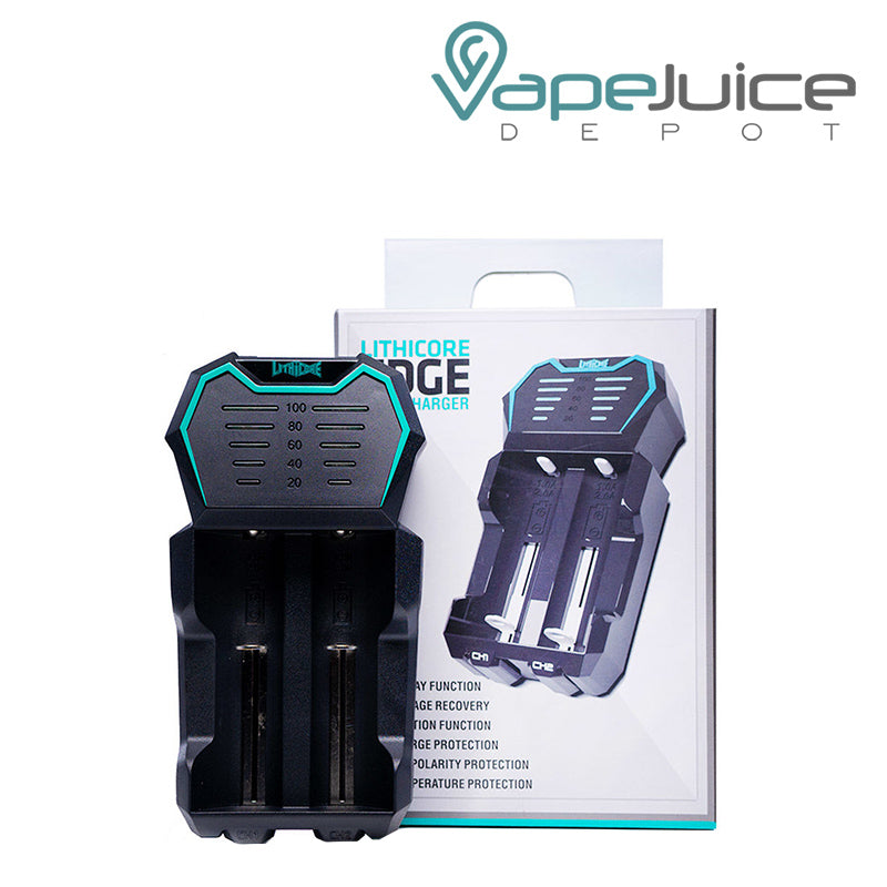 2-Bay LITHICORE EDGE Battery Charger and a box next to it - Vape Juice Depot