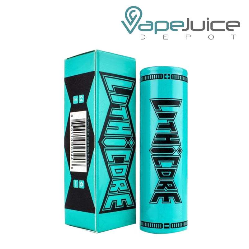 A LITHICORE 21700 - 3700mAh Battery and a box next to it - Vape Juice Depot