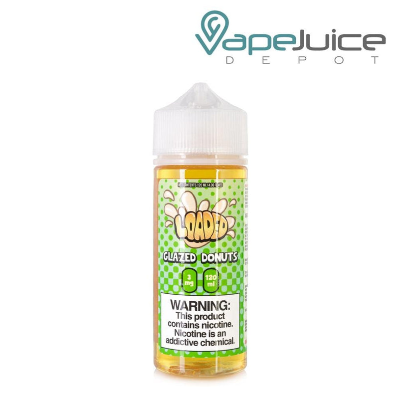 A 120ml bottle of Glazed Donuts LOADED eLiquid with a warning sign - Vape Juice Depot