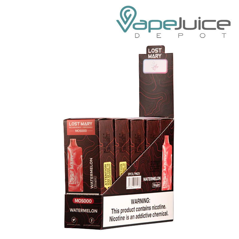 A box of Watermelon Lost Mary MO5000 Disposable with a warning sign - Vape Juice Depot