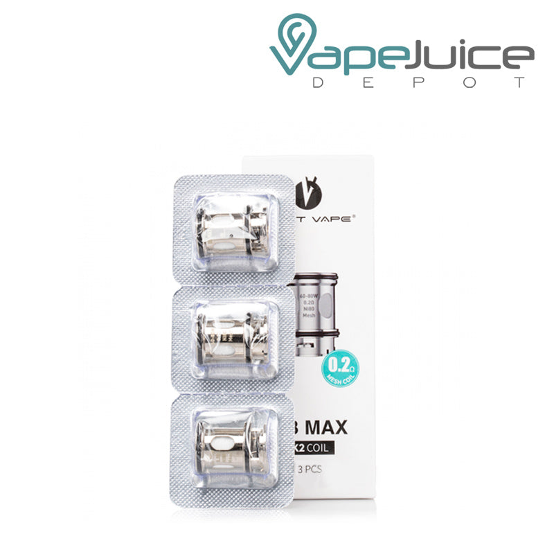 Three pack Lost Vape UB Max Replacement Coils 0.2ohm and a box next to it - Vape Juice Depot