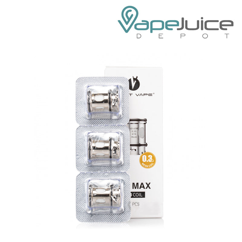 Three pack Lost Vape UB Max Replacement Coils 0.3ohm and a box next to it - Vape Juice Depot