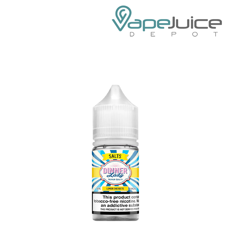 A 30ml bottle of Lemon Sherbets TFN Salt Dinner Lady 25mg with a warning sign - Vape Juice Depot