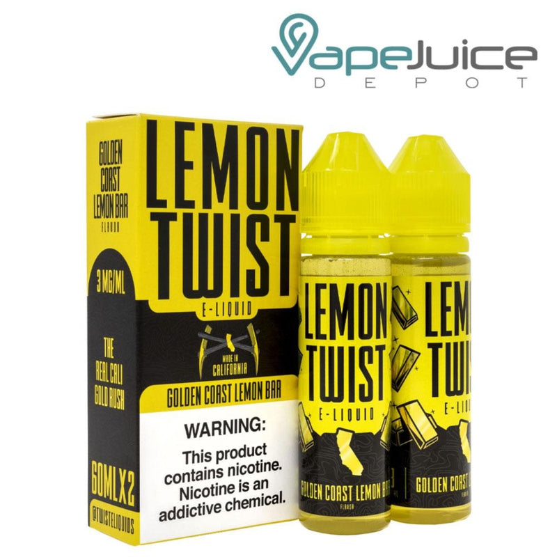 A box of Golden Coast Lemon Bar Twist E-liquid with a warning sign and two 60ml bottles next to it - Vape Juice Depot