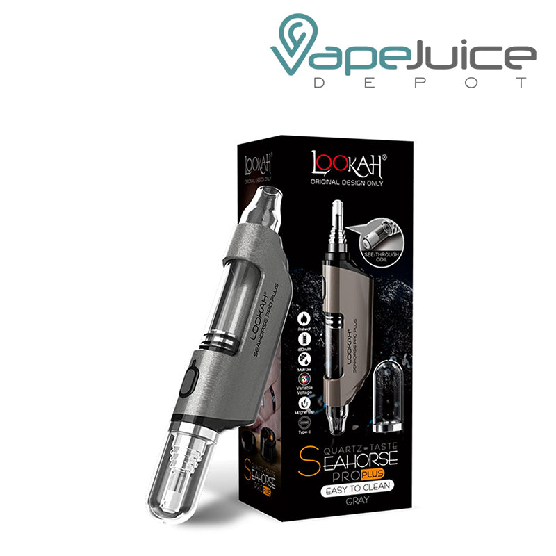 Gray Lookah Seahorse Pro Plus and a box next to it - Vape Juice Depot