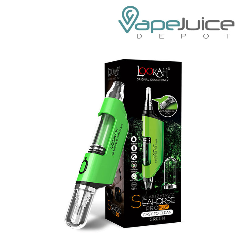 Green Lookah Seahorse Pro Plus and a box next to it - Vape Juice Depot