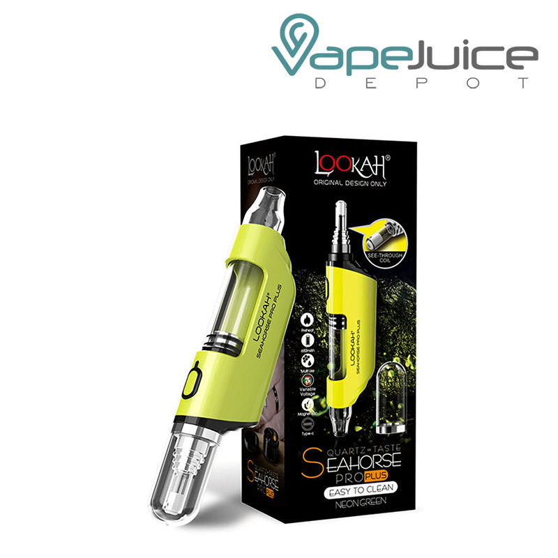 Neon Green Lookah Seahorse Pro Plus and a box next to it  - Vape Juice Depot