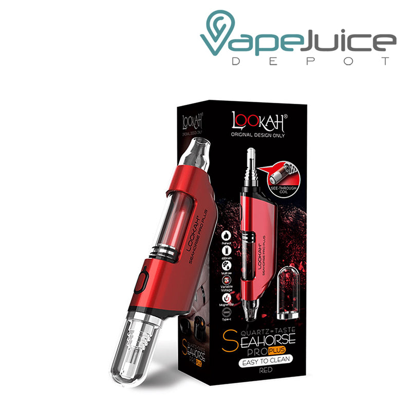 Red Lookah Seahorse Pro Plus and a box next to it - Vape Juice Depot