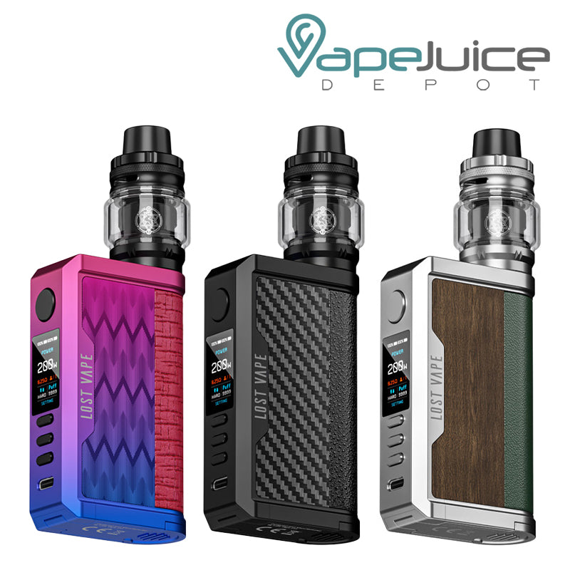 3 colors of Lost Vape CENTAURUS Q200 Kit with TFT screen and adjustment buttons - Vape Juice Depot