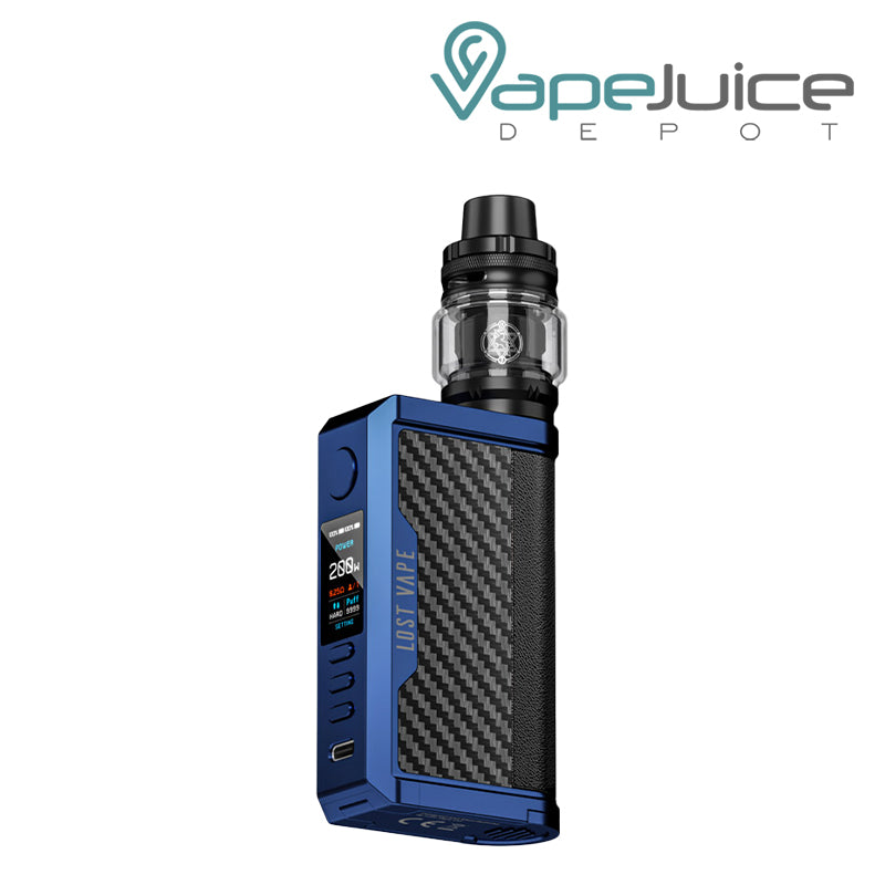 Sierra Blue Carbon Fiber Lost Vape CENTAURUS Q200 Kit with TFT screen and adjustment buttons - Vape Juice Depot