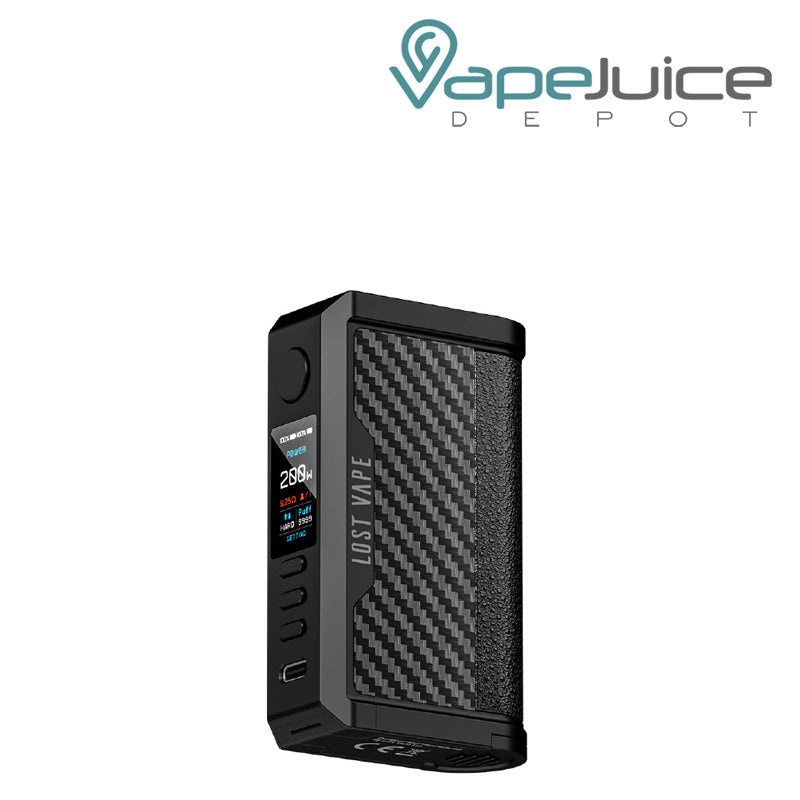 Black Carbon Fiber Lost Vape CENTAURUS Q200 Mod with display screen and adjustment buttons - Vape Juice Depot