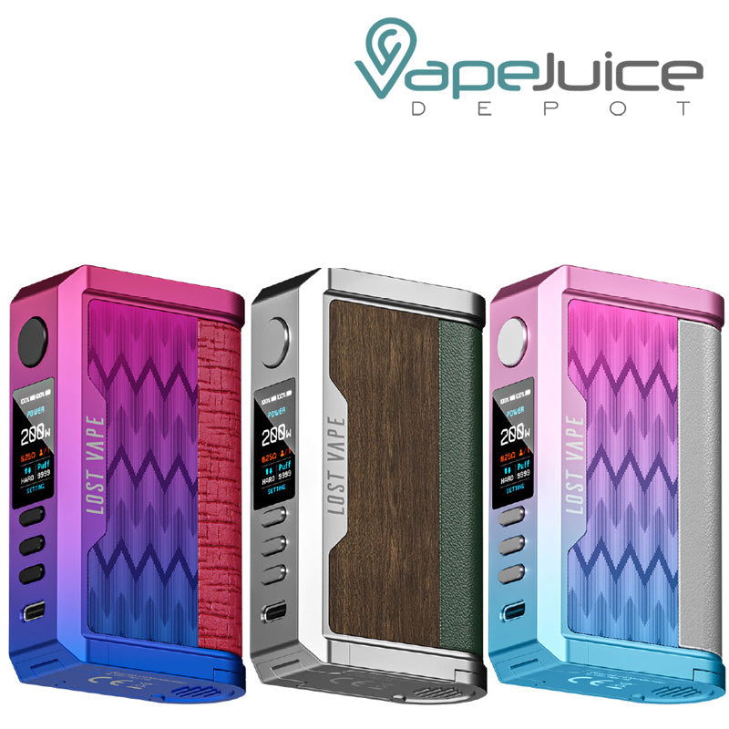 Three colors of Lost Vape CENTAURUS Q200 Mod with display screen and adjustment buttons - Vape Juice Depot