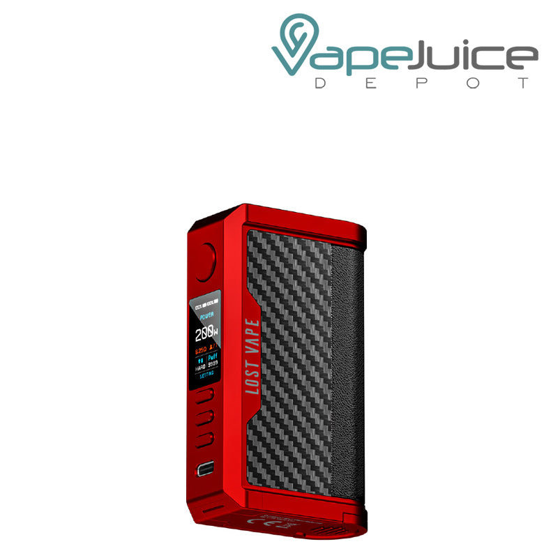 Matte Red Carbon Fiber Lost Vape CENTAURUS Q200 Mod with display screen and adjustment buttons - Vape Juice Depot