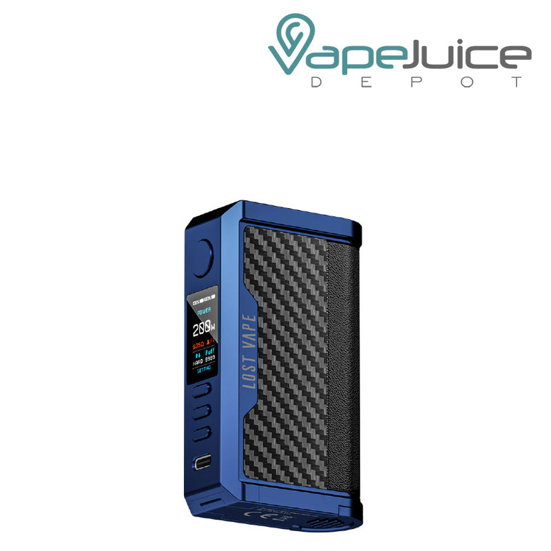 Sierra Blue Carbon Fiber Lost Vape CENTAURUS Q200 Mod with display screen and adjustment buttons - Vape Juice Depot