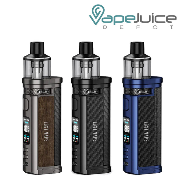 Three colors of Lost Vape Centaurus Q80 Pod Mod Kit with display screen and adjustment buttons - Vape Juice Depot