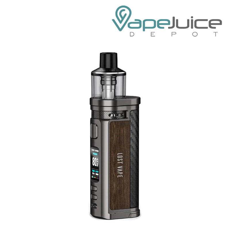 Gunmetal Teak Wood Lost Vape Centaurus Q80 Pod Mod Kit with display screen and adjustment buttons - Vape Juice Depot