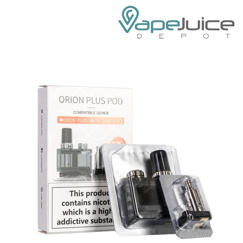A box of Lost Vape Orion PLUS Replacement Pods and a pod with its coil in front - Vape Juice Depot