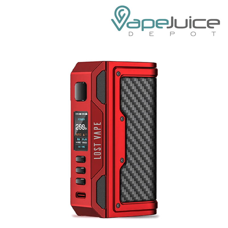 Red Carbon Fiber Lost Vape THELEMA QUEST Mod with its bottons and screan - Vape Juice Depot