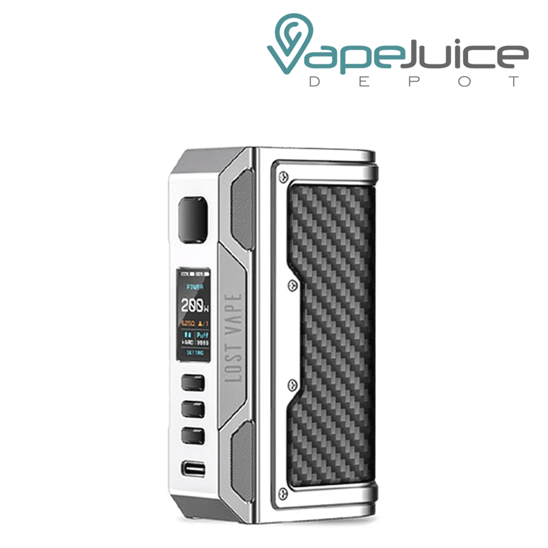 Stainless Steel Carbon Fiber Lost Vape THELEMA QUEST Mod with its bottons and screan - Vape Juice Depot