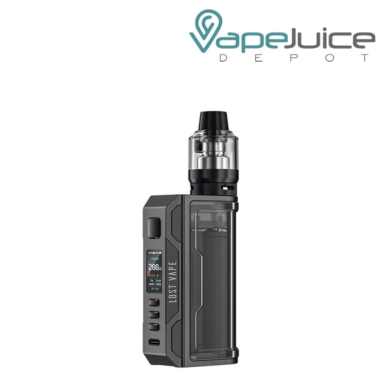 Gunmetal Clear Lost Vape Thelema Quest 200W Starter Kit with a display screen, a firing button and two adjustment buttons - Vape Juice Depot