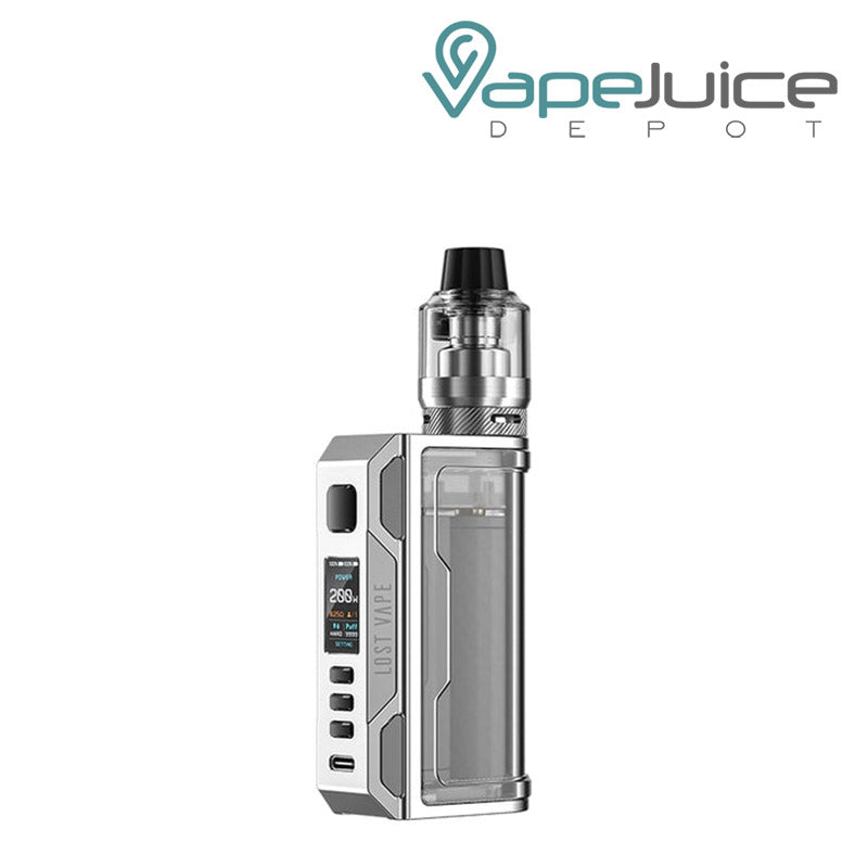 SS Clear Lost Vape Thelema Quest 200W Starter Kit with a display screen, a firing button and two adjustment buttons - Vape Juice Depot
