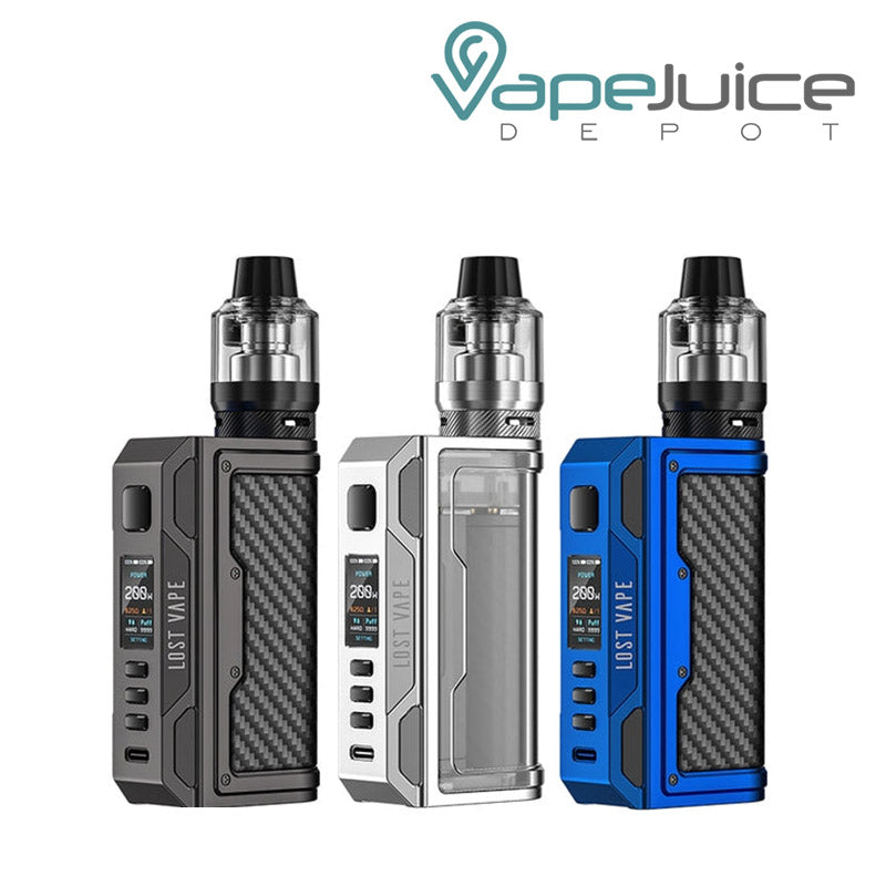 Three colors of Lost Vape Thelema Quest 200W Starter Kit with a display screen, a firing button and two adjustment buttons - Vape Juice Depot