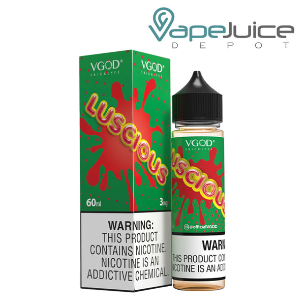 A box of Luscious VGOD eLiquid with a warning sign and a 60ml bottle next to it - Vape Juice Depot
