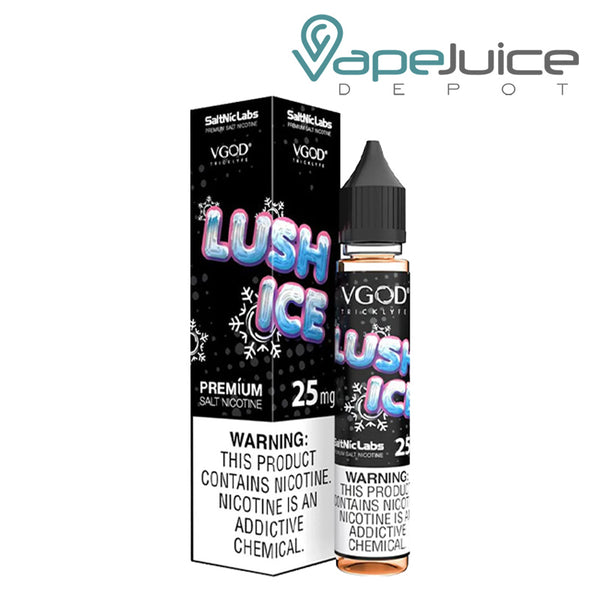 A box of Lush ICE VGOD SaltNic with a warning sign and a 30ml bottle next to it - Vape Juice Depot