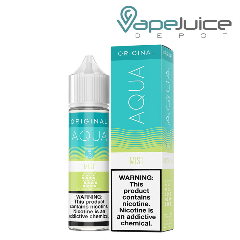 A 60ml bottle of MIST AQUA Original eLiquid  with a warning sign and a box next to it - Vape Juice Depot