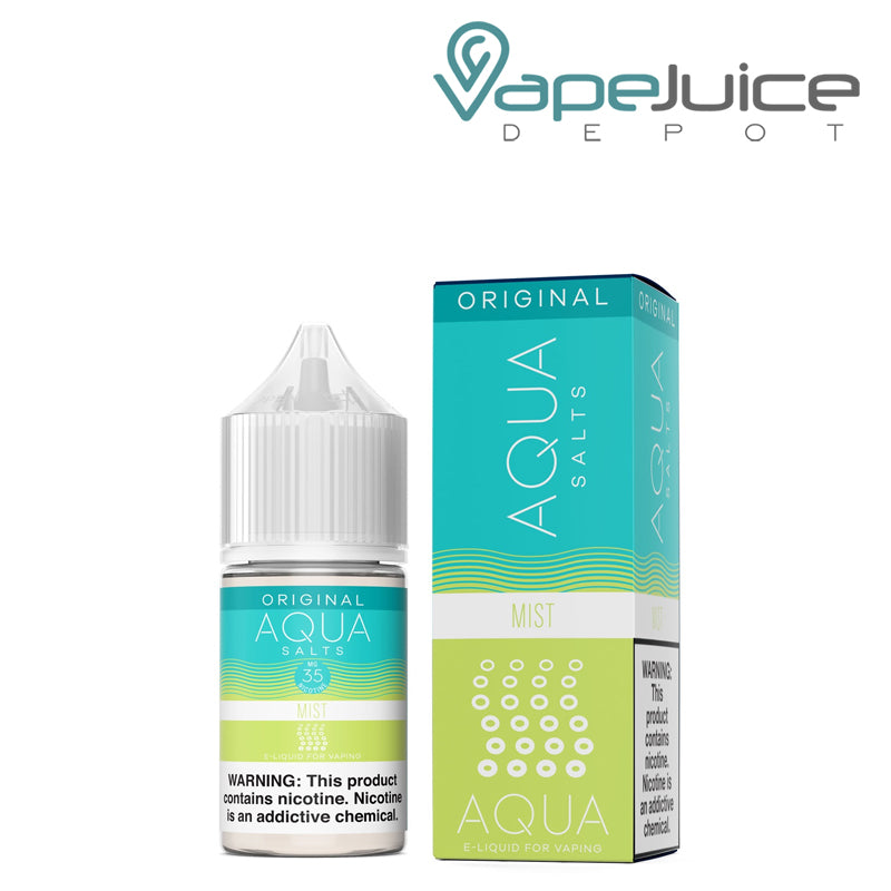 A 30ml bottle of MIST AQUA Synthetic Salts 35mg with a warning sign and a box next to it - Vape Juice Depot