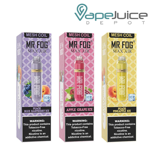 Three different flavors of MR FOG Max Air Disposable 3000 Puffs with a warning sign - Vape Juice Depot
