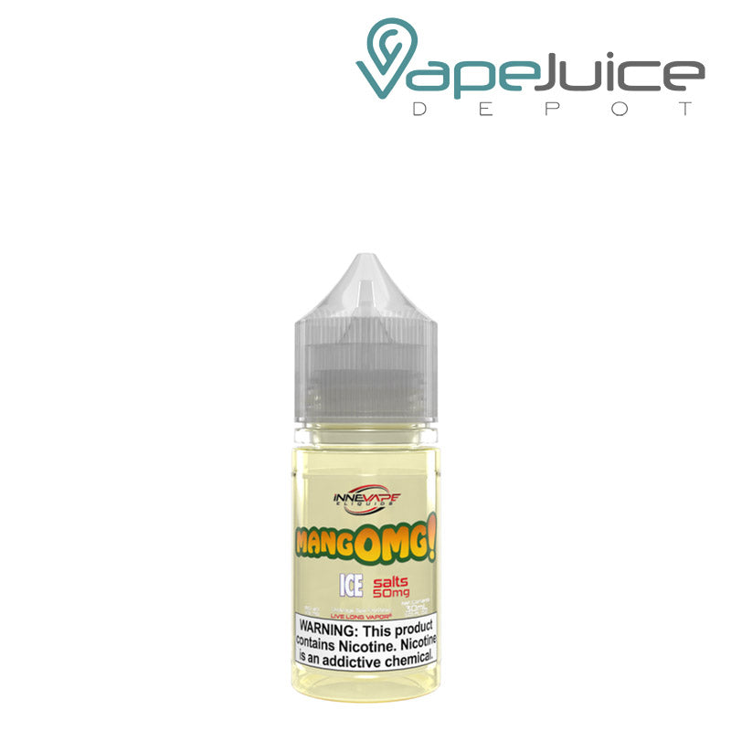 A 30ml bottle of MangOMG Ice Salts Innevape with a warning sign - Vape Juice Depot