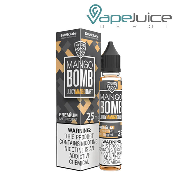 A box of Mango Bomb VGOD SaltNic with a warning sign and a 30ml bottle next to it - Vape Juice Depot