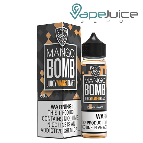 A box of Mango Bomb VGOD eLiquid with a warning sign and a 60ml bottle next to it - Vape Juice Depot