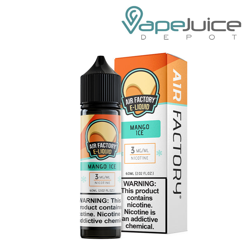 A 60ml bottle of Mango Ice Air Factory eLiquid 3mg with a warning sign and a box next to it - Vape Juice Depot