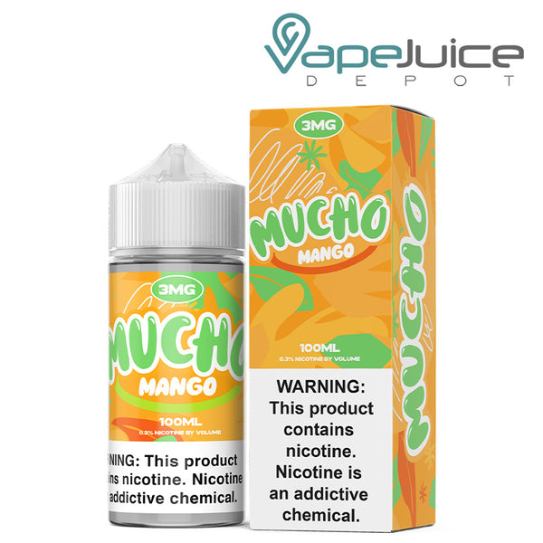 A 100ml bottle of Mango Mucho eLiquid with a warning sign and a box next to it - Vape Juice Depot