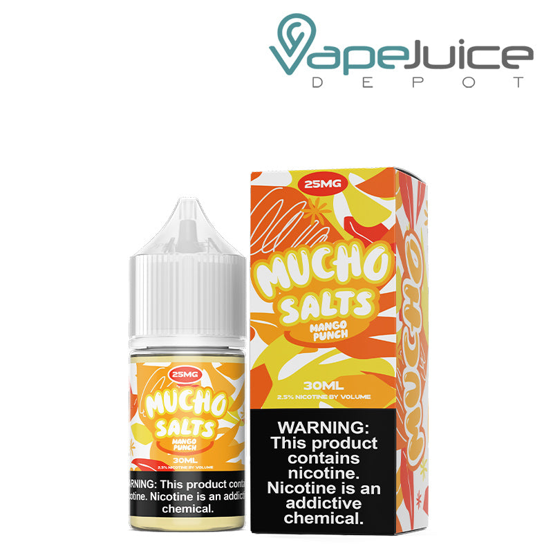 A 30ml bottle of Mango Punch Mucho Salt eLiquid with a warning sign and a box next to it - Vape Juice Depot