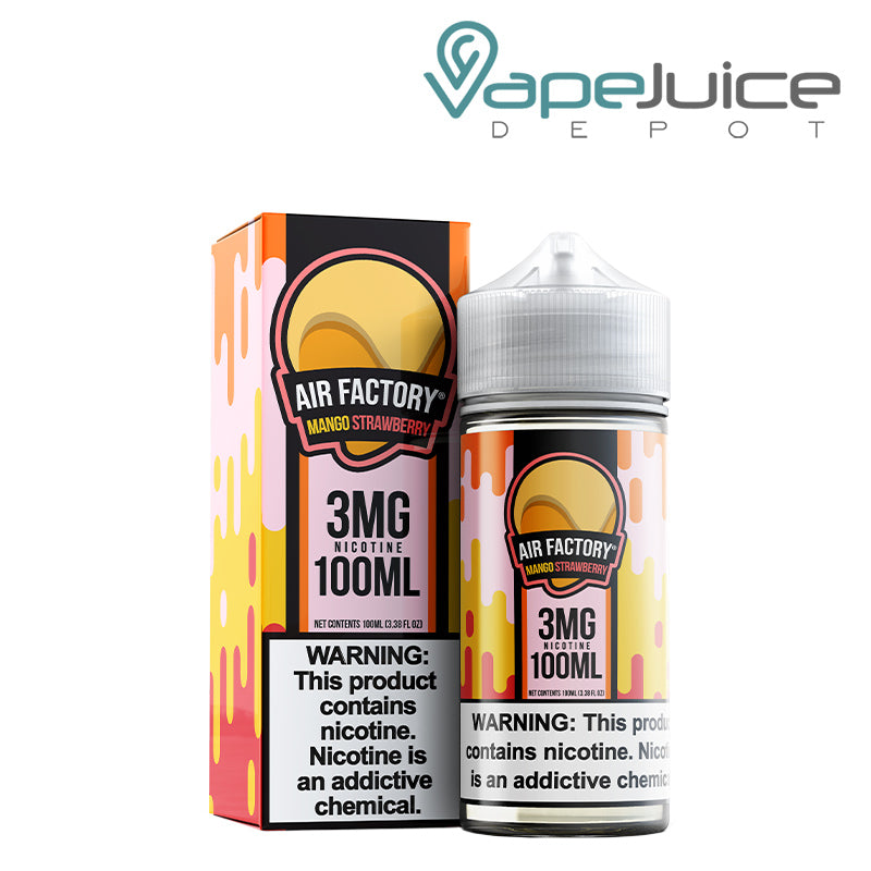 A box of Mango Strawberry Air Factory Synthetic 3mg with a warning sign and a 100ml bottle next to it - Vape Juice Depot