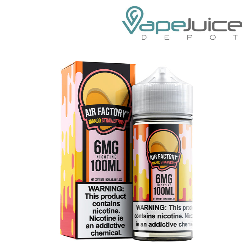 A box of Mango Strawberry Air Factory Synthetic 6mg with a warning sign and a 100ml bottle next to it - Vape Juice Depot