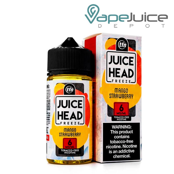A 100ml bottle of Mango Strawberry TFN Juice Head Freeze and a box with a warning sign next to it - Vape Juice Depot