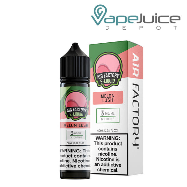 A 60ml bottle of Melon Lush Air Factory eLiquid 3mg with a warning sign and a box next to it - Vape Juice Depot