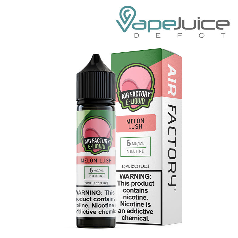 A 60ml bottle of Melon Lush Air Factory eLiquid 6mg with a warning sign and a box next to it - Vape Juice Depot