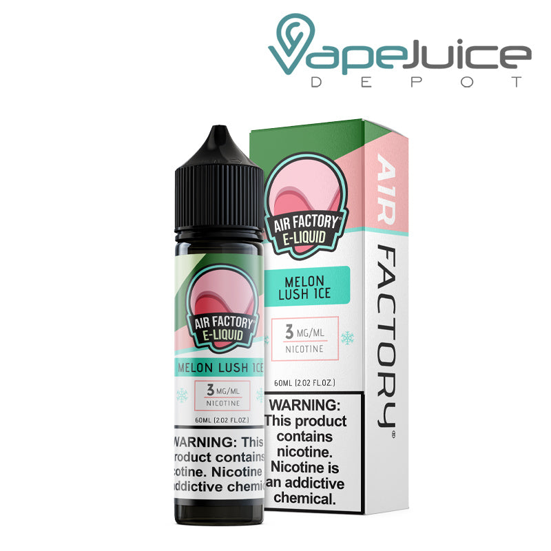 A 60ml bottle of Melon Lush Ice Air Factory eLiquid 3mg with a warning sign and a box next to it - Vape Juice Depot