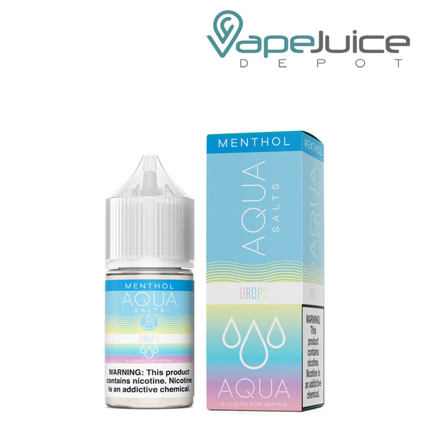 A 30ml bottle of Menthol DROPS AQUA Synthetic Salts 35mg with a warning sign and a box next to it - Vape Juice Depot