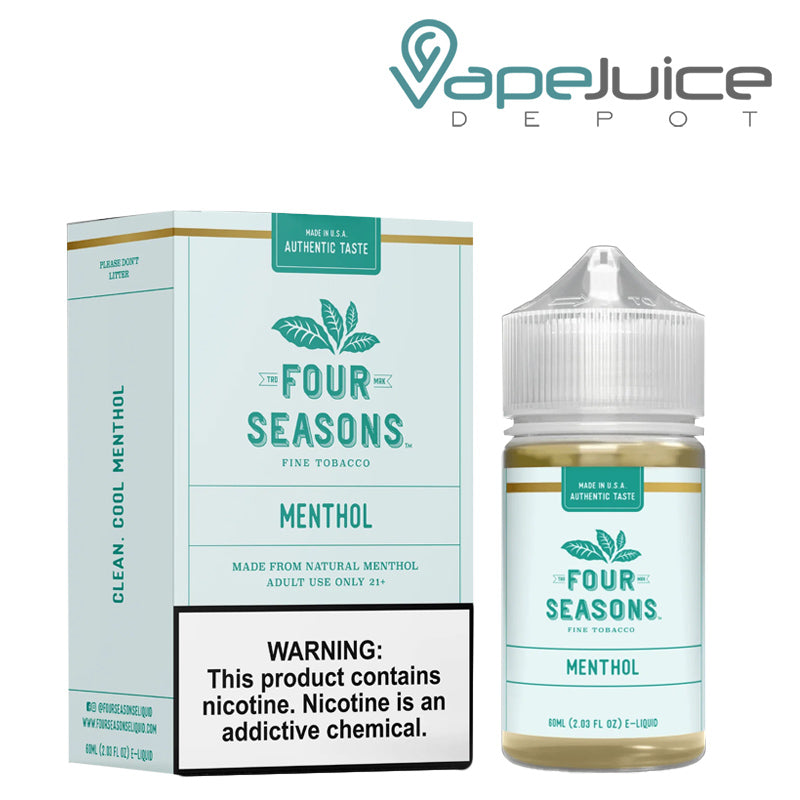 A box of Menthol Four Seasons with a warning sign and a 60ml bottle next to it - Vape Juice Depot