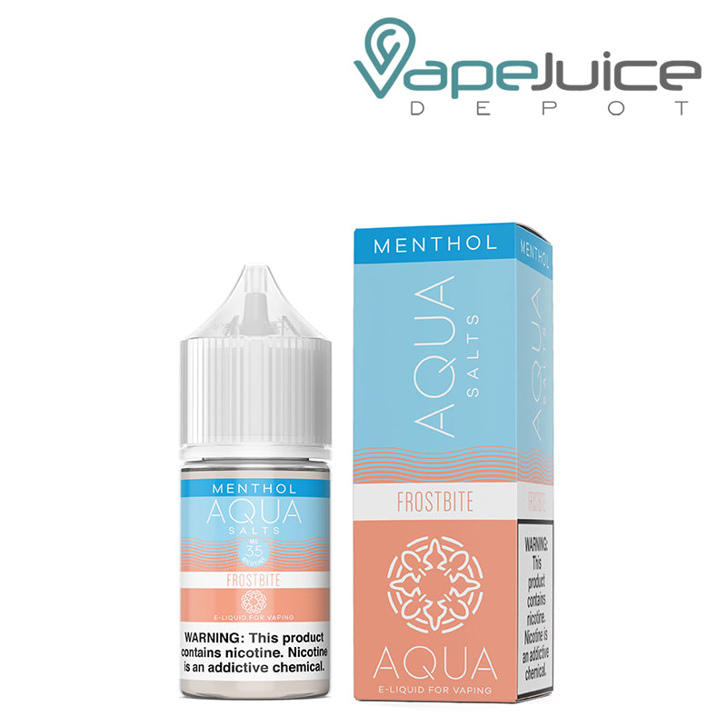 A 30ml bottle of Menthol Frostbite AQUA Synthetic Salts 35mg with a warning sign and a box  next to it - Vape Juice Depot